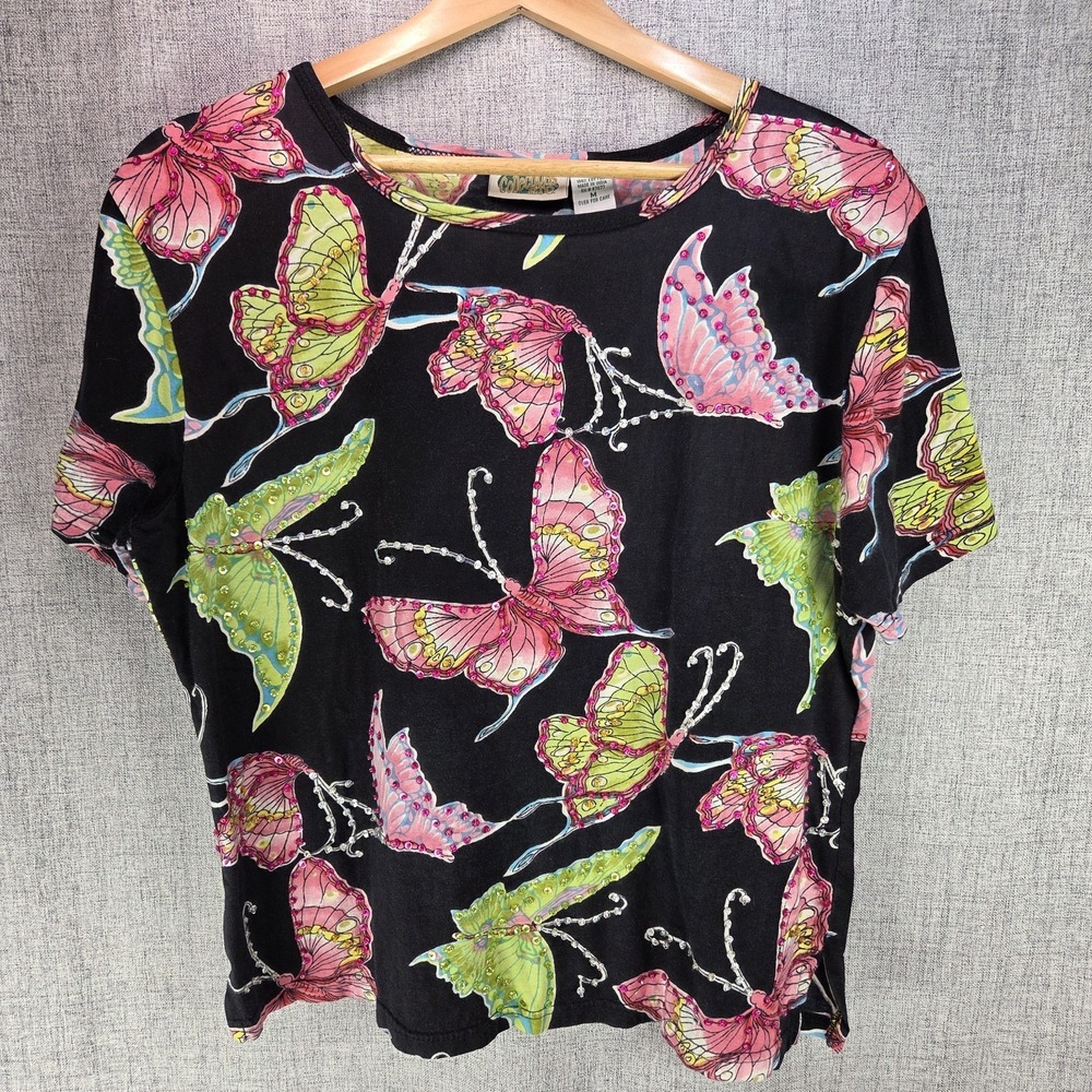 Vtg 90s Neon Butterfly Beaded Top Y2K Whimsigoth Fairy Grunge Artsy Medium